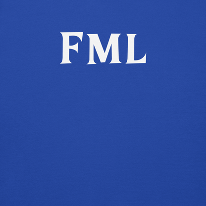 "FML" printed on a team royal background