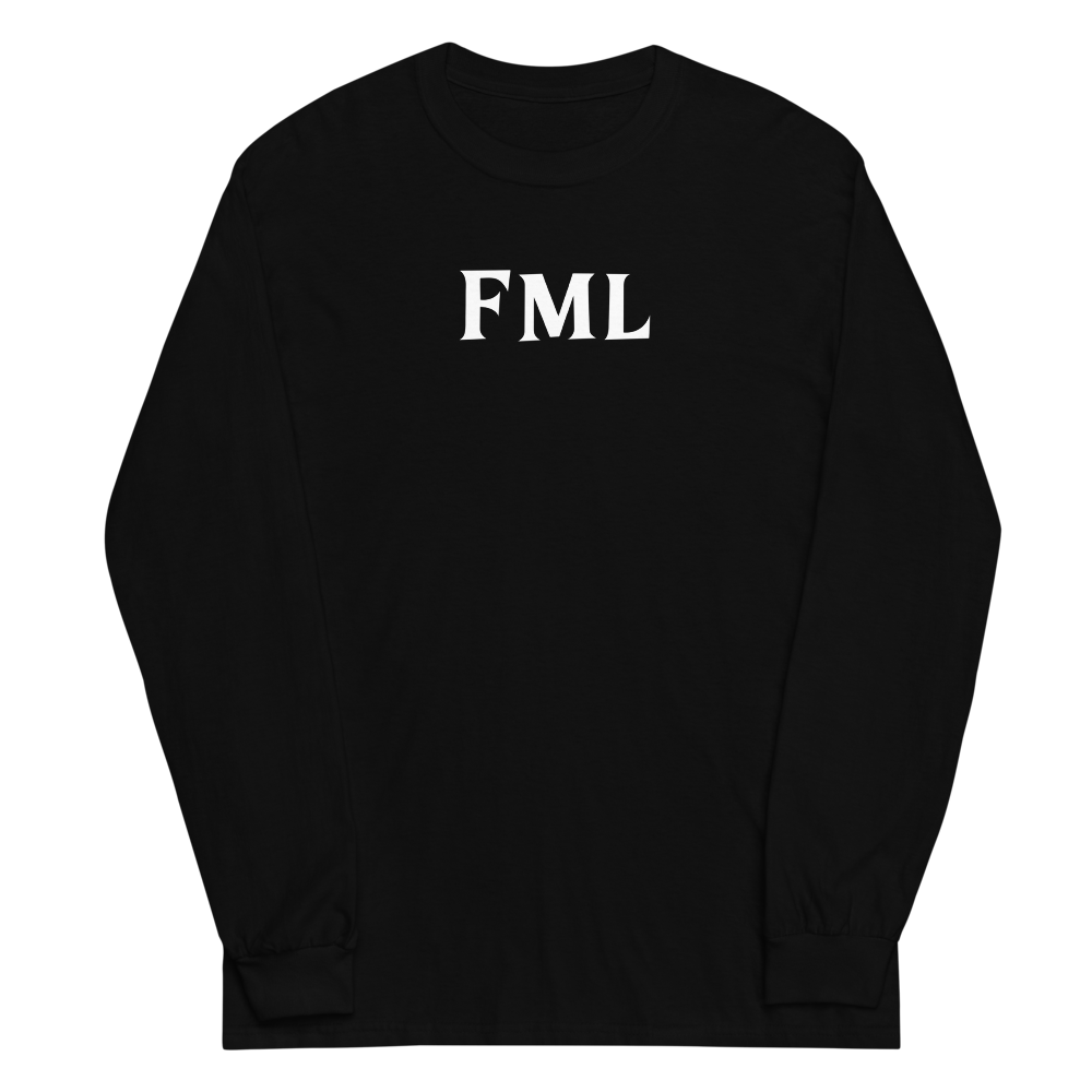 "FML" printed on a black men's long sleeve shirt laying on a flat surface