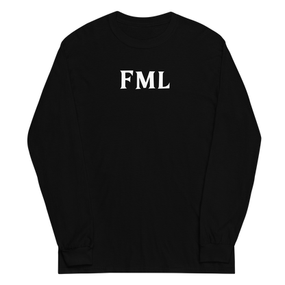 "FML" printed on a black men's long sleeve shirt laying on a flat surface