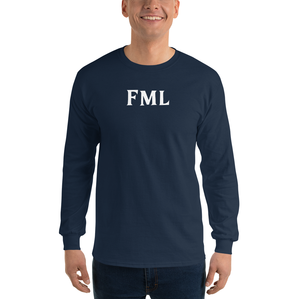"FML" printed on a navy men's long sleeve shirt worn by a male