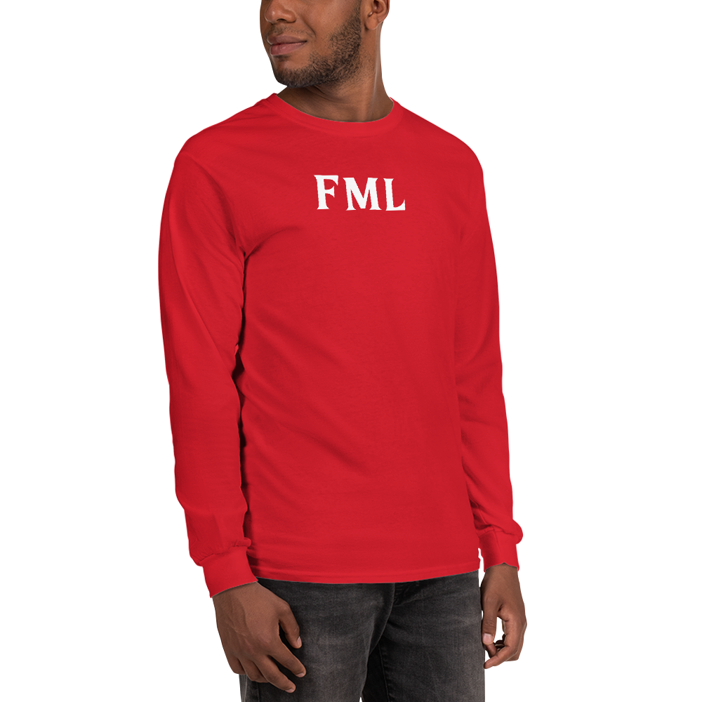 "FML" printed on a red men's long sleeve shirt worn by a male