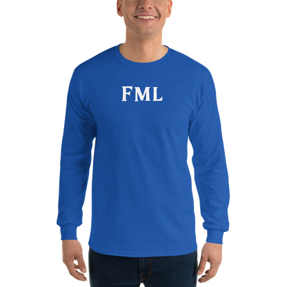"FML" printed on a royal men's long sleeve shirt worn by a male
