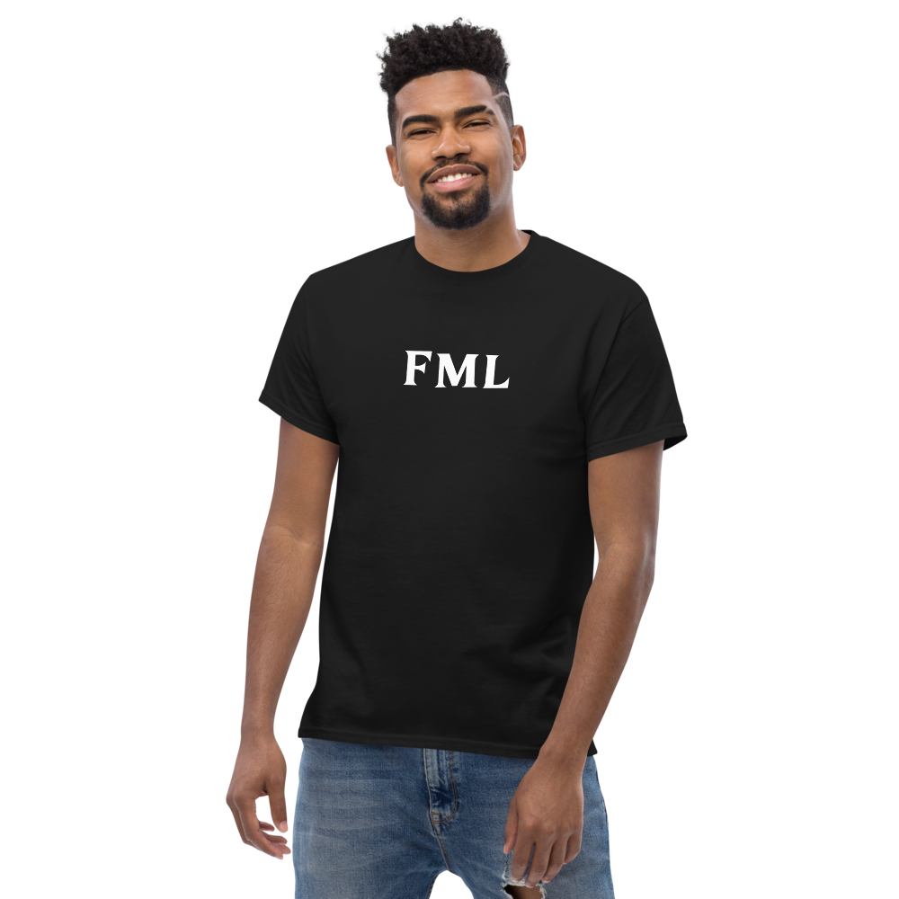 "FML" printed on a black unisex classic tee worn by a male