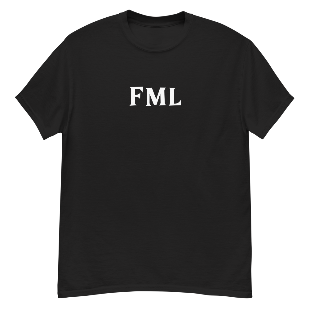 "FML" printed on a black unisex classic tee laying on a flat surface