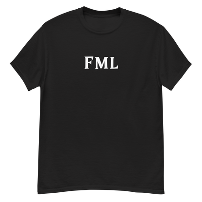 "FML" printed on a black unisex classic tee laying on a flat surface