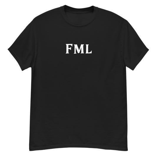 "FML" printed on a black unisex classic tee laying on a flat surface