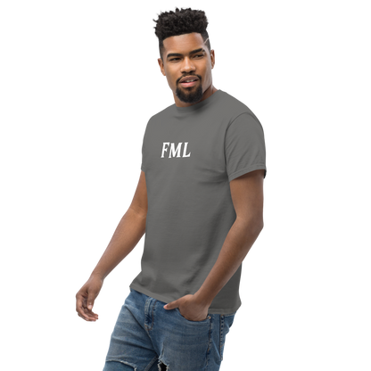 "FML" printed on a charcoal unisex classic tee worn by a male