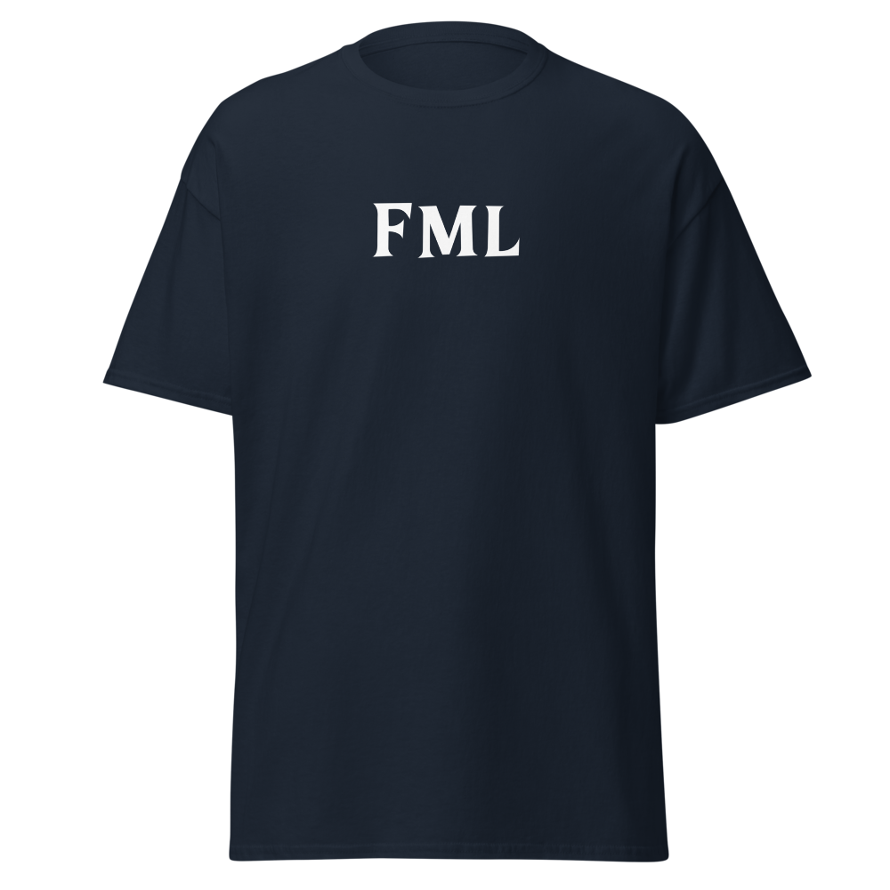 "FML" printed on a navy on an invisible body