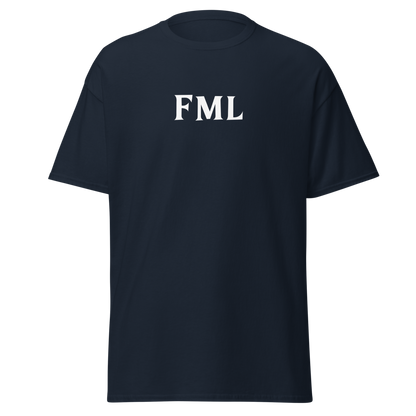 "FML" printed on a navy on an invisible body