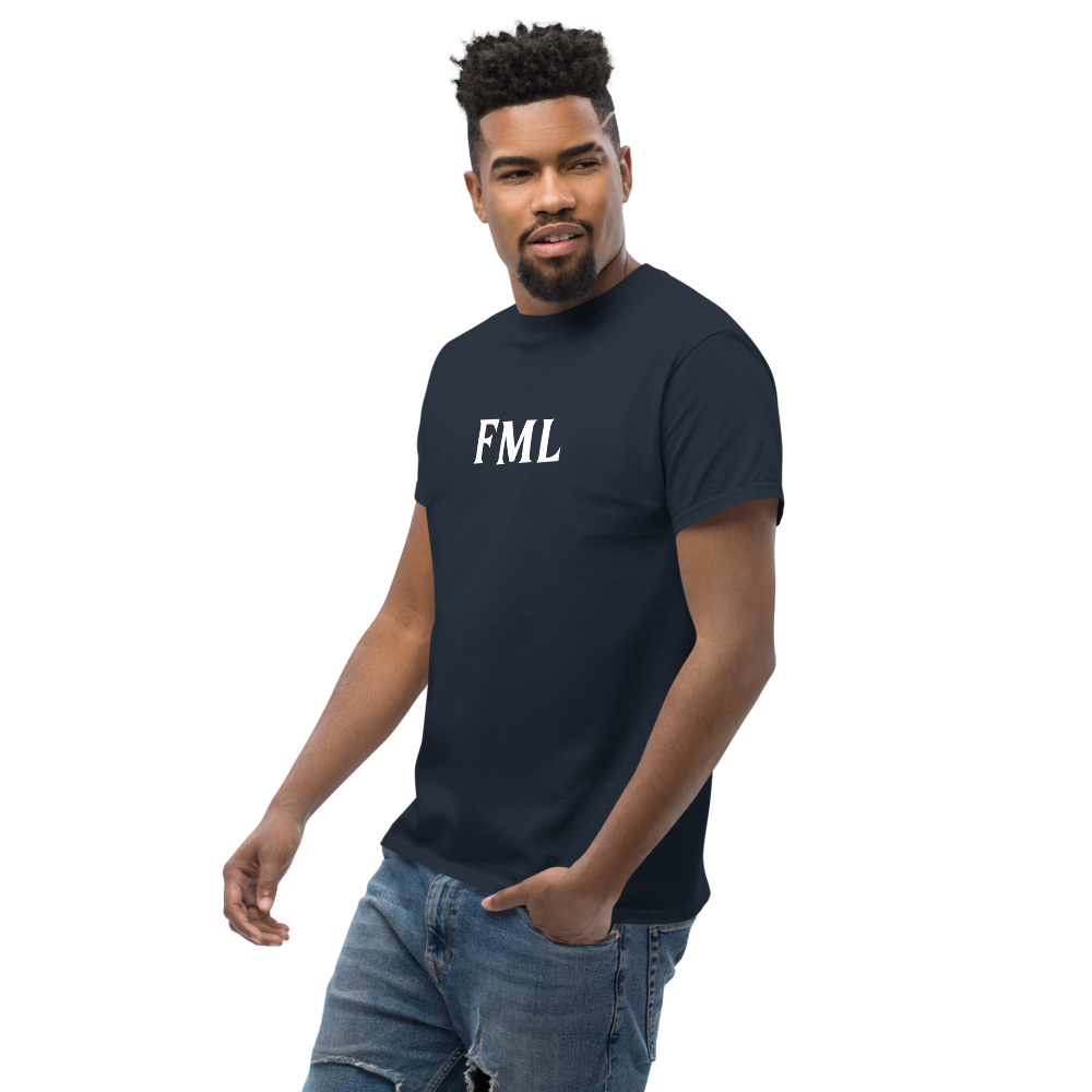 "FML" printed on a navy unisex classic tee worn by a male