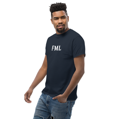 "FML" printed on a navy unisex classic tee worn by a male