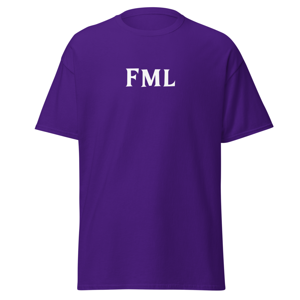 "FML" printed on a purple on an invisible body