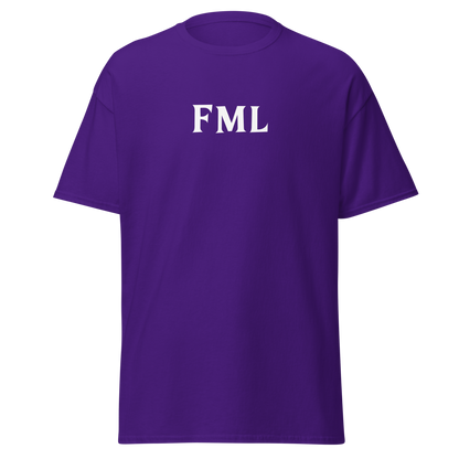 "FML" printed on a purple on an invisible body