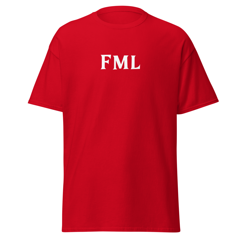 "FML" printed on a red on an invisible body