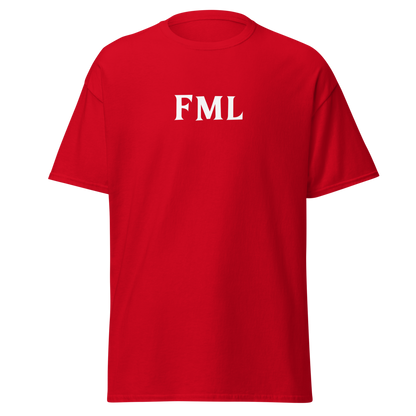 "FML" printed on a red on an invisible body