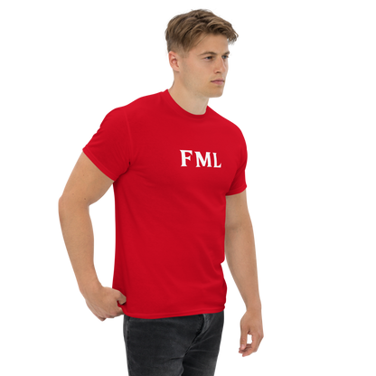 "FML" printed on a red unisex classic tee worn by a male