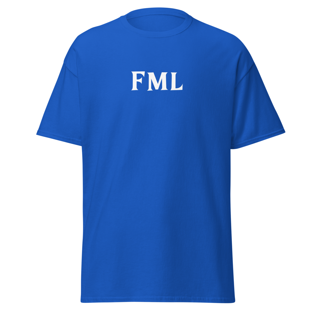 "FML" printed on a royal on an invisible body