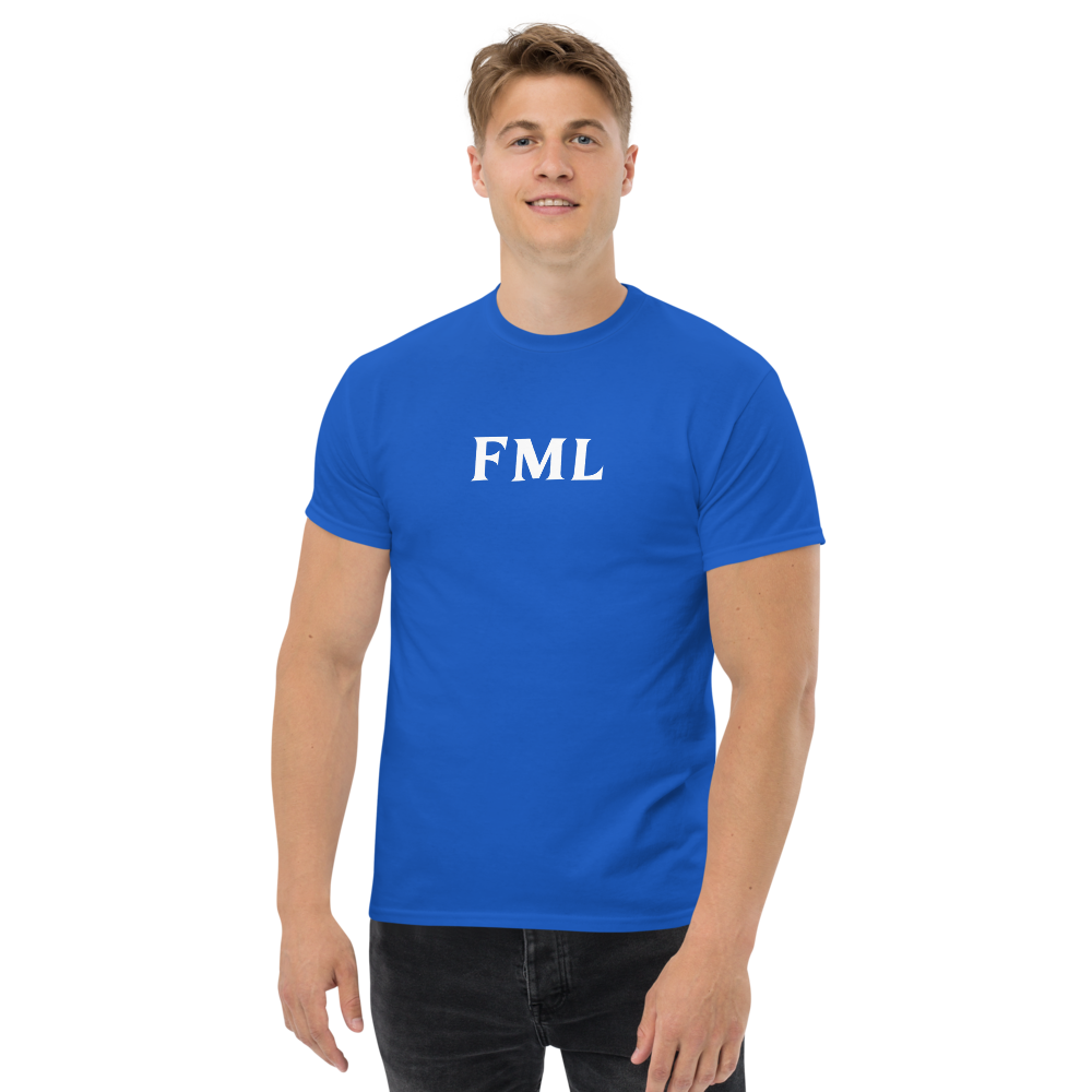 "FML" printed on a royal unisex classic tee worn by a male