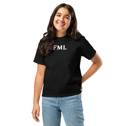 "FML" printed on a black youth classic tee worn by a female