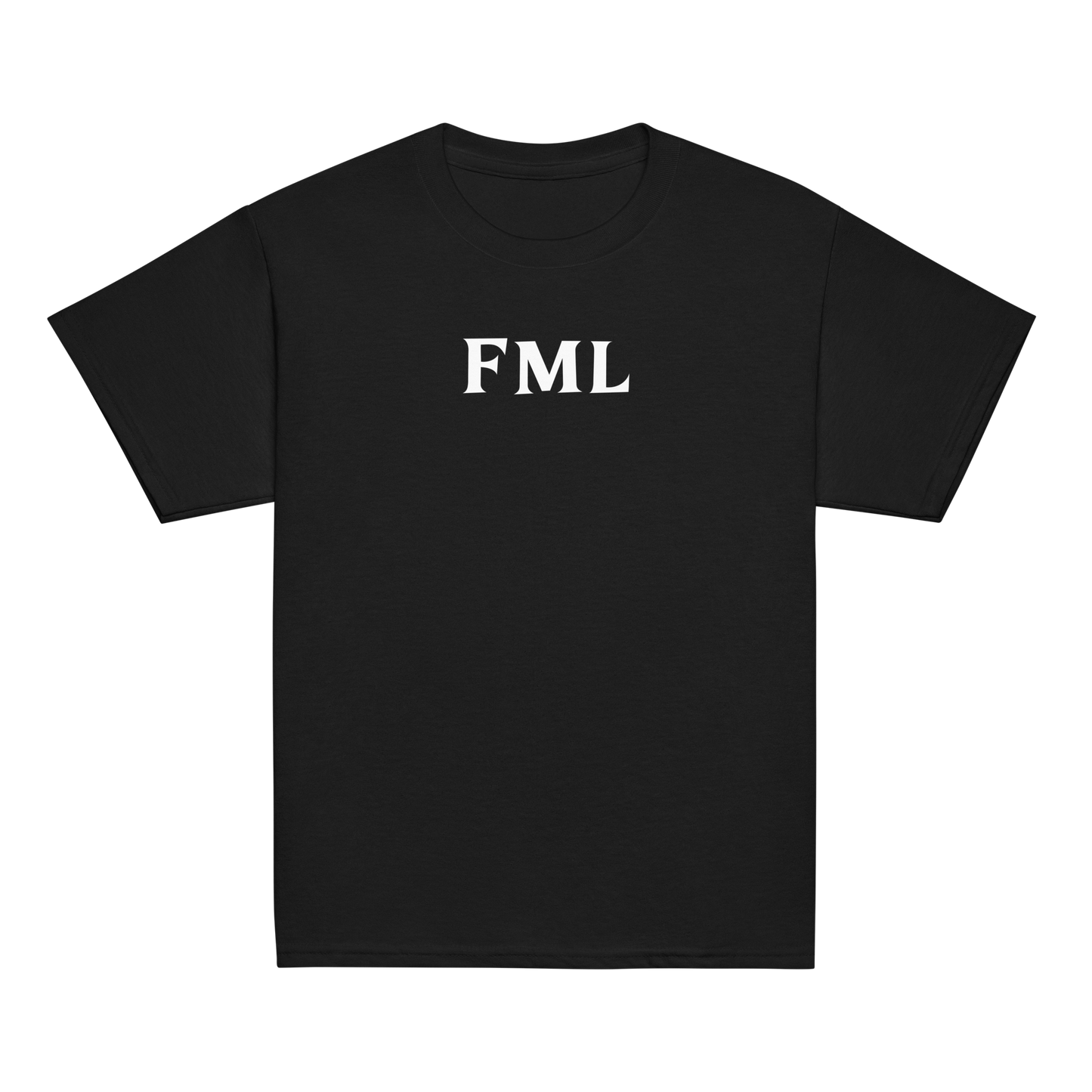 "FML" printed on a black youth classic tee laying on a flat surface