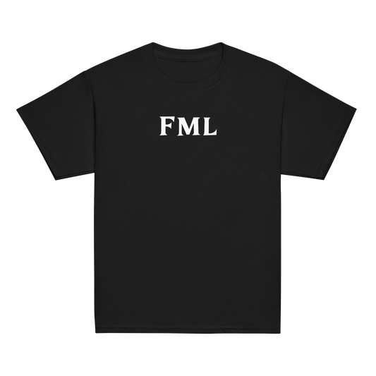 "FML" printed on a black youth classic tee laying on a flat surface