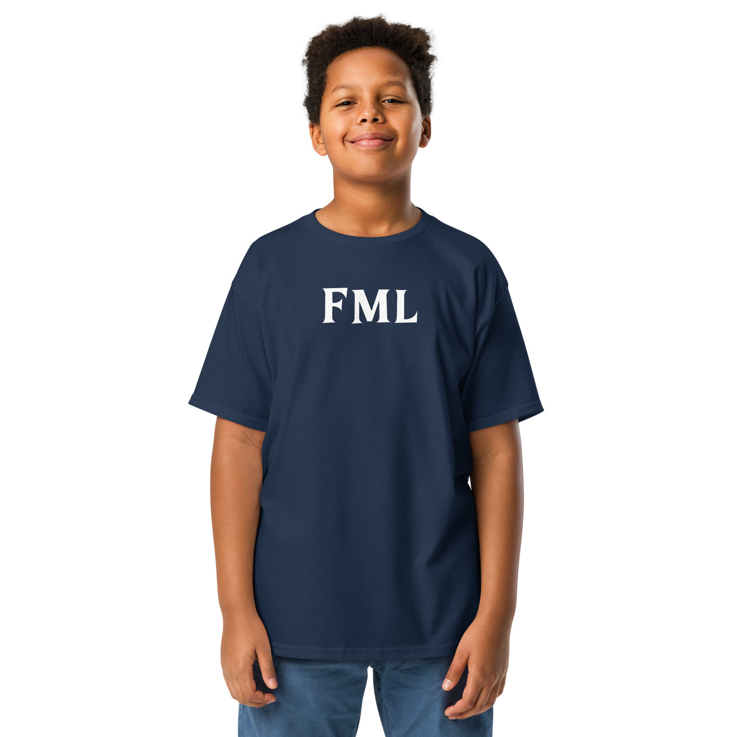 "FML" printed on a navy youth classic tee worn by a male