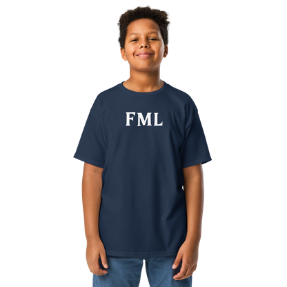 "FML" printed on a navy youth classic tee worn by a male