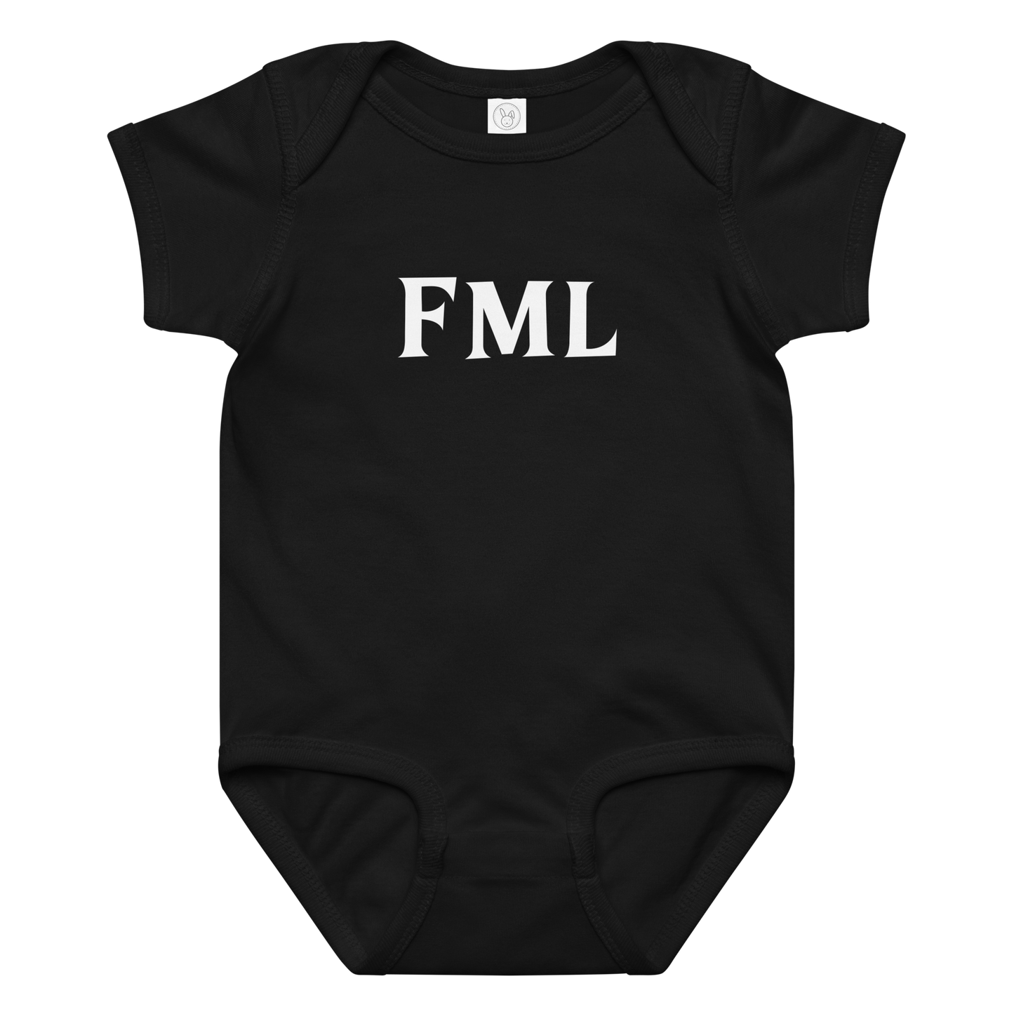 "FML" printed on a black baby jersey bodysuit laying on a flat surface amongst other clothes