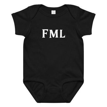 "FML" printed on a black baby jersey bodysuit laying on a flat surface amongst other clothes