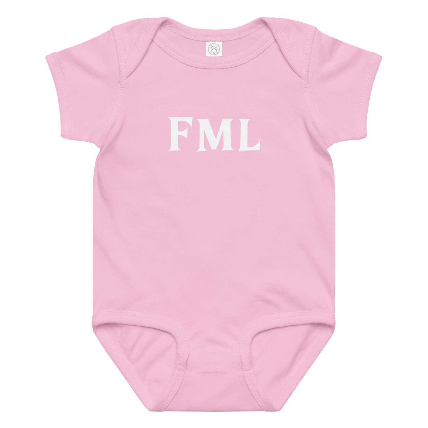 "FML" printed on a pink baby jersey bodysuit laying on a flat surface amongst other clothes