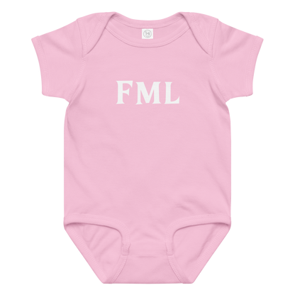 "FML" printed on a pink baby jersey bodysuit laying on a flat surface amongst other clothes