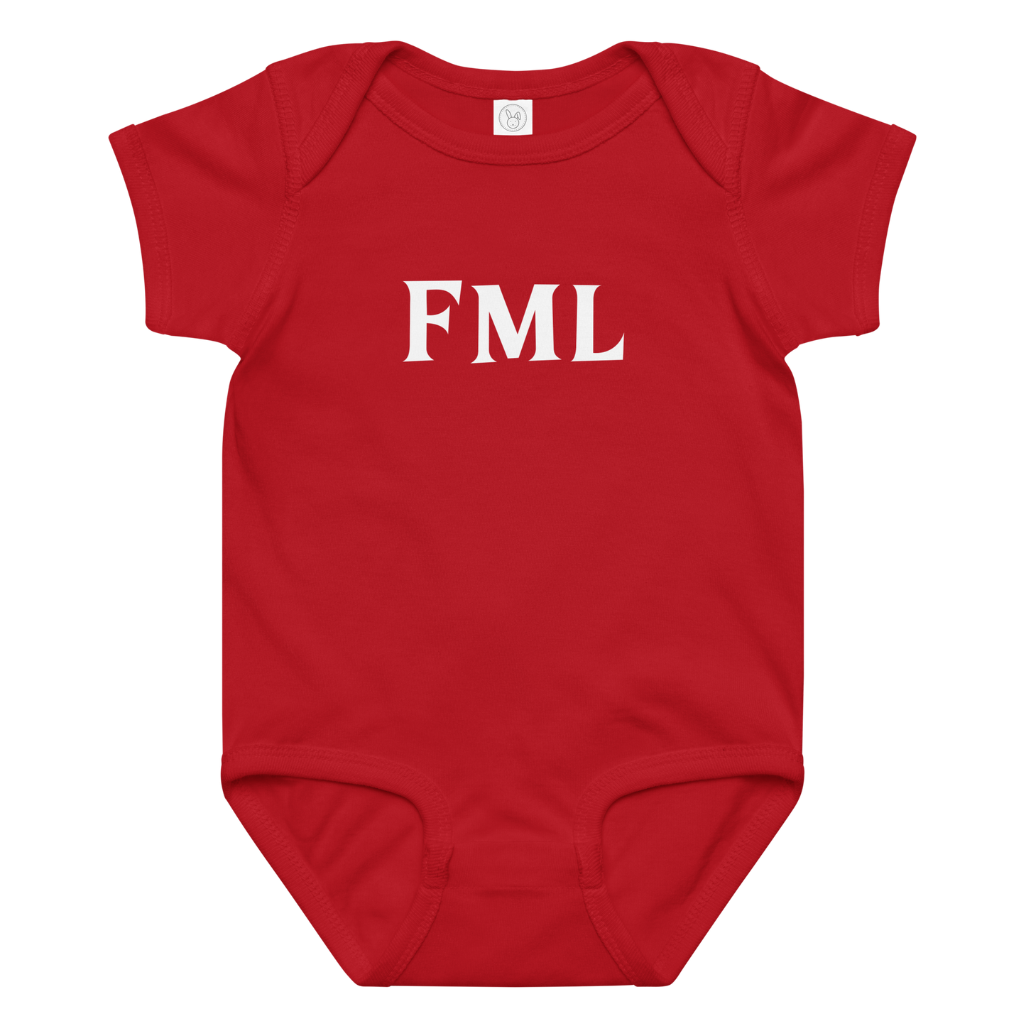 "FML" printed on a red baby jersey bodysuit laying on a flat surface amongst other clothes