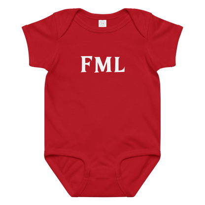 "FML" printed on a red baby jersey bodysuit laying on a flat surface amongst other clothes