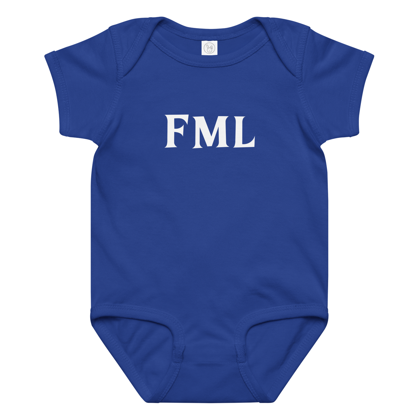 "FML" printed on a royal baby jersey bodysuit laying on a flat surface amongst other clothes