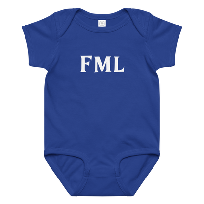 "FML" printed on a royal baby jersey bodysuit laying on a flat surface amongst other clothes