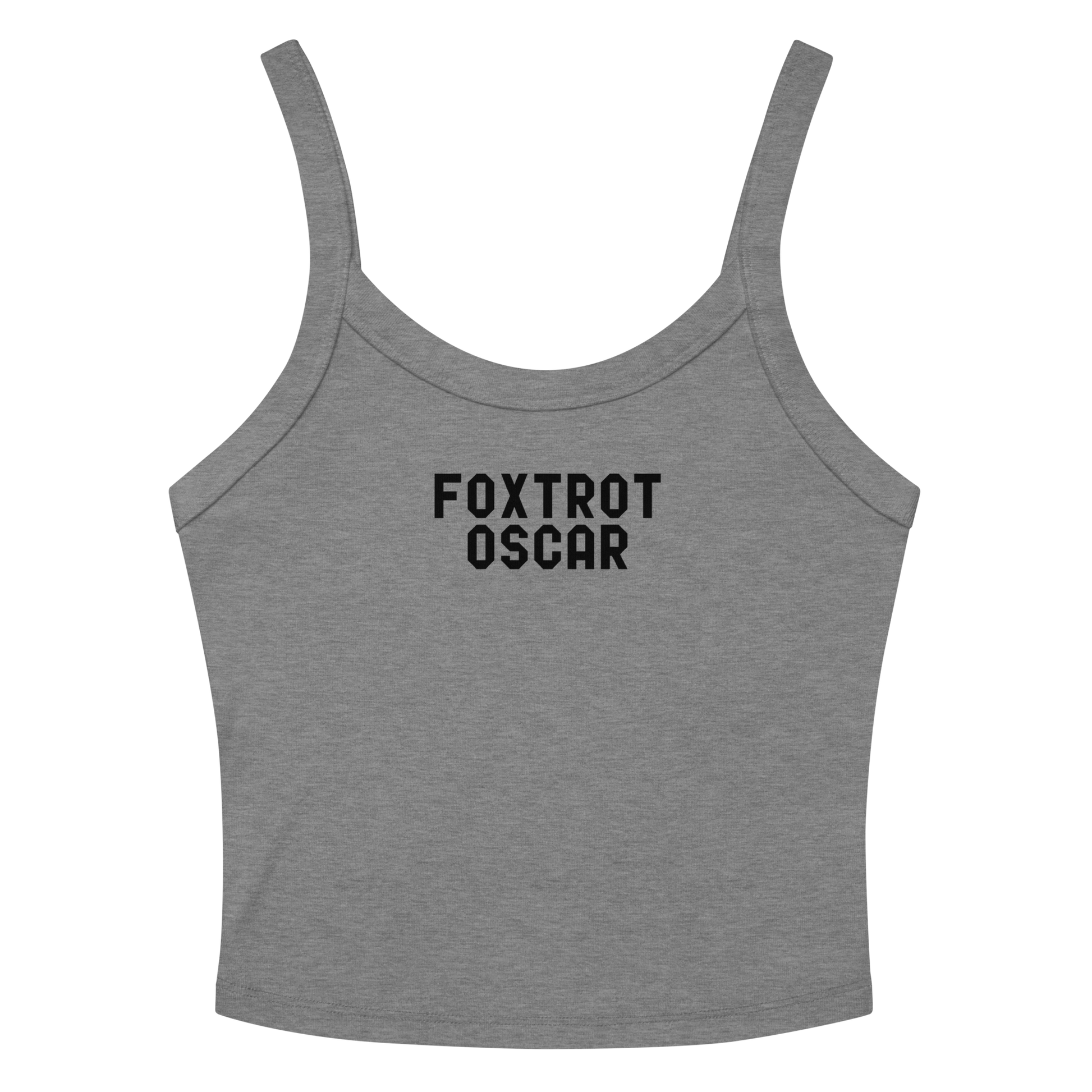 "Foxtrot Oscar" printed on a athletic heather women's micro-rib tanktop laying on a flat surface amongst sunglasses and shorts