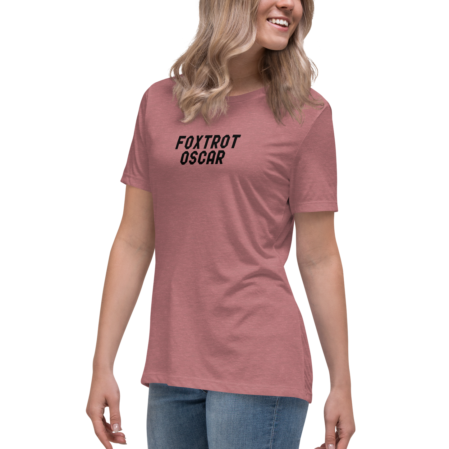 "Foxtrot Oscar" printed on a heather mauve women's relaxed t-shirt worn by a female
