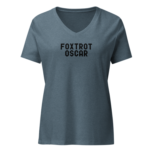 "Foxtrot Oscar" printed on a heather slate on an invisible / simulated body