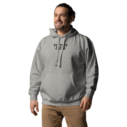 "Foxtrot Oscar" printed on a carbon grey unisex hoodie worn by a male