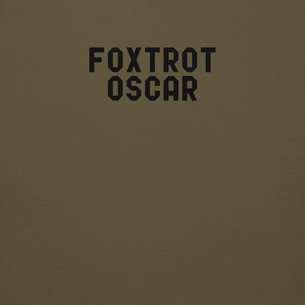 "Foxtrot Oscar" printed on a military green background