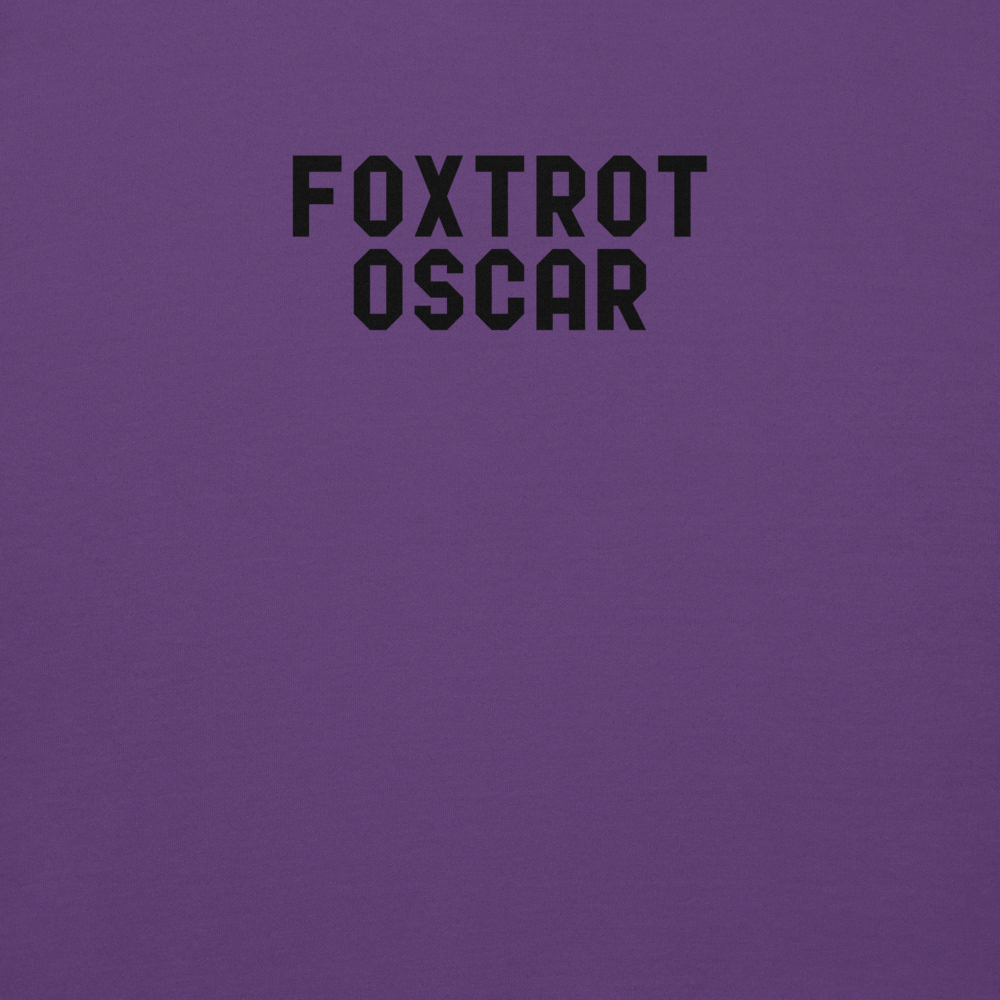"Foxtrot Oscar" printed on a purple background