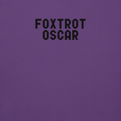 "Foxtrot Oscar" printed on a purple background