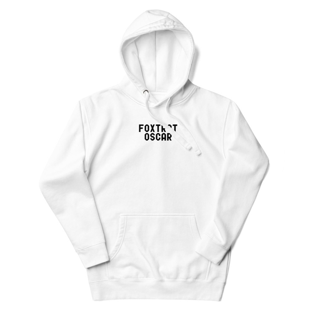 "Foxtrot Oscar" printed on a white unisex hoodie laying on a flat surface with the hood up
