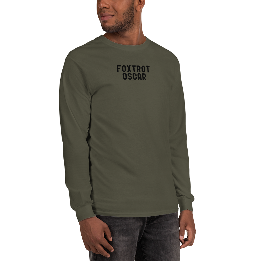 "Foxtrot Oscar" printed on a military green men's long sleeve shirt worn by a male