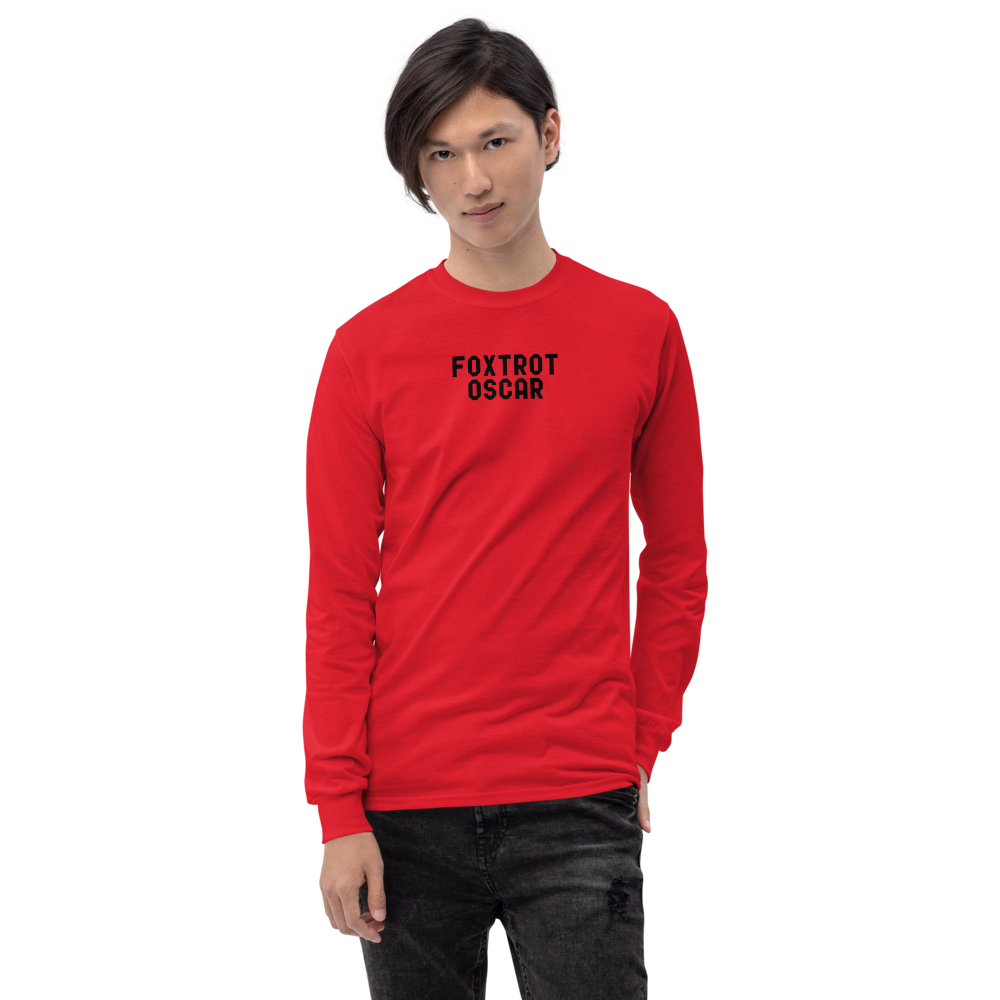 "Foxtrot Oscar" printed on a red men's long sleeve shirt worn by a male
