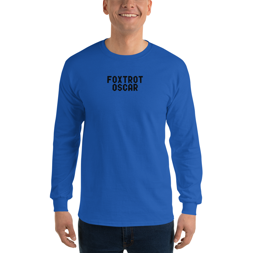 "Foxtrot Oscar" printed on a royal men's long sleeve shirt worn by a male