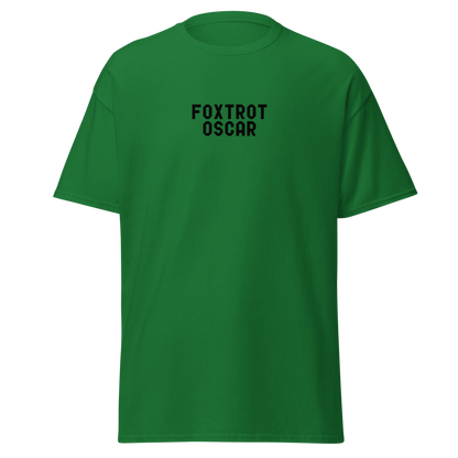 "Foxtrot Oscar" printed on a turf green on an invisible body