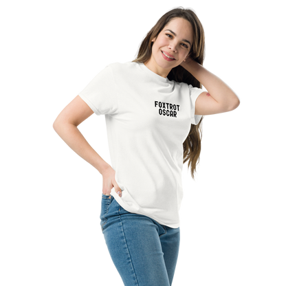 "Foxtrot Oscar" printed on a white unisex classic tee worn by a female