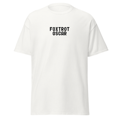 "Foxtrot Oscar" printed on a white on an invisible body