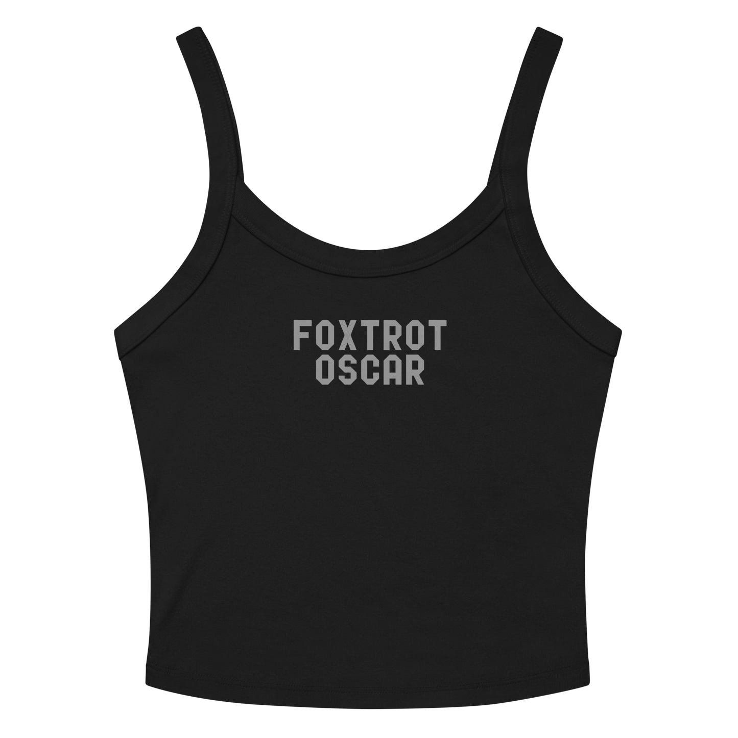 "Foxtrot Oscar" printed on a solid black blend women's micro-rib tanktop laying on a flat surface amongst sunglasses and shorts